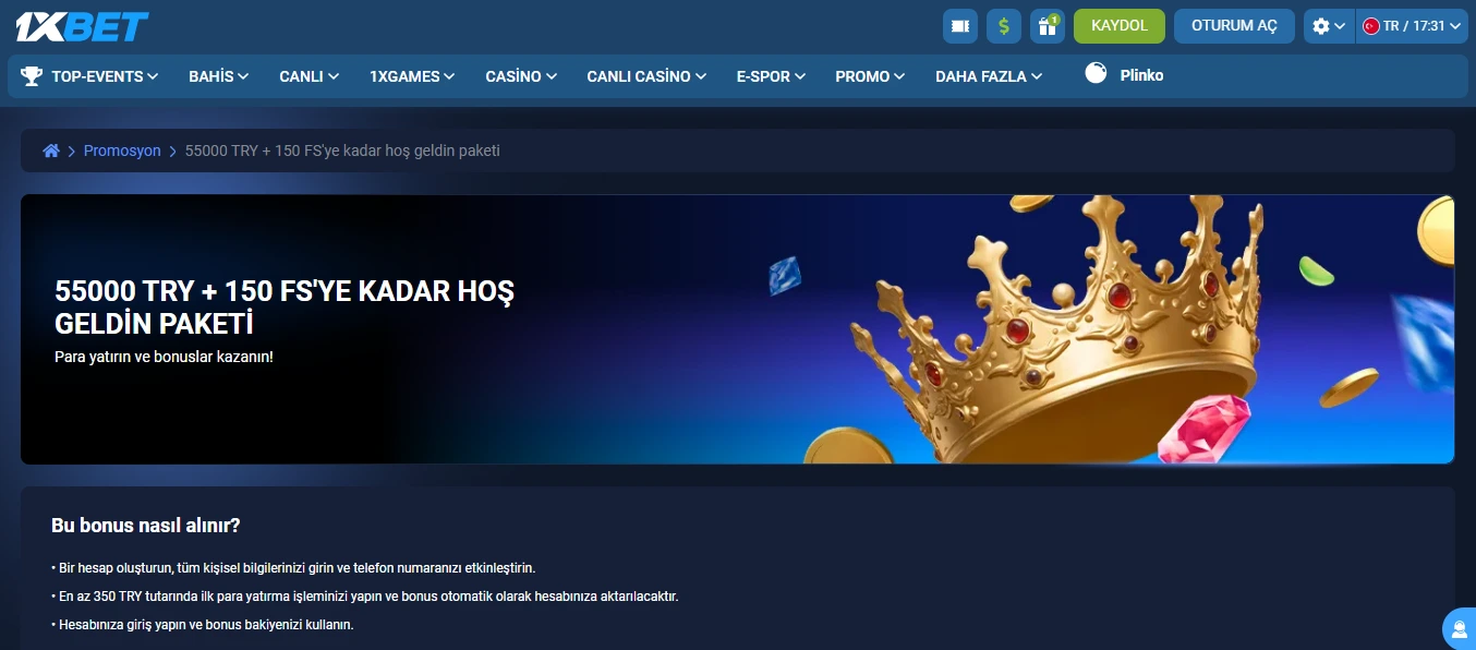 1xBet sitesinde casino bölümüne özel hoş geldin bonusu sayfası