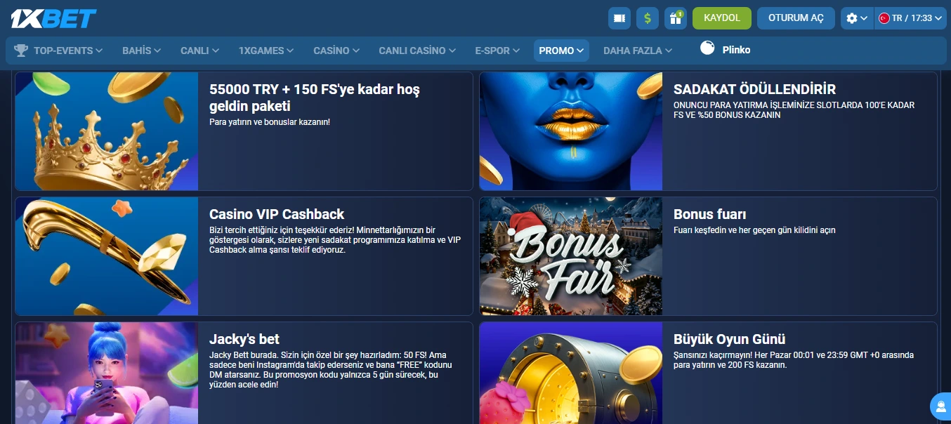 1xBet sitesinde casino bölümü için bonuslar sayfası